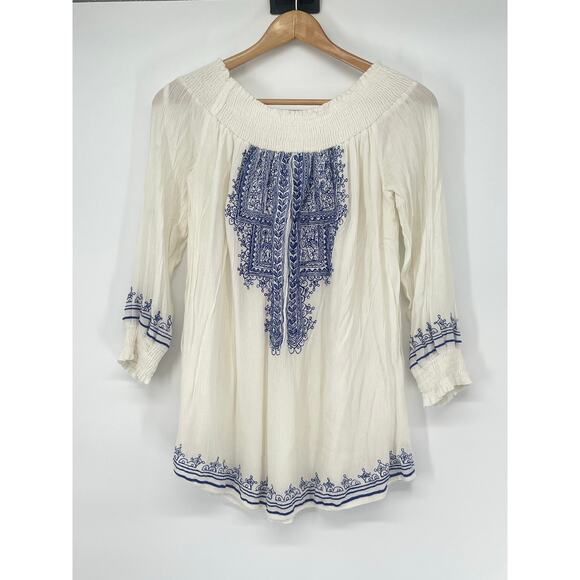 Tularosa Revolve Embroidered Blue Off Shoulder Mini Dress Size XS Boho Cottage‎ - Picture 2 of 7